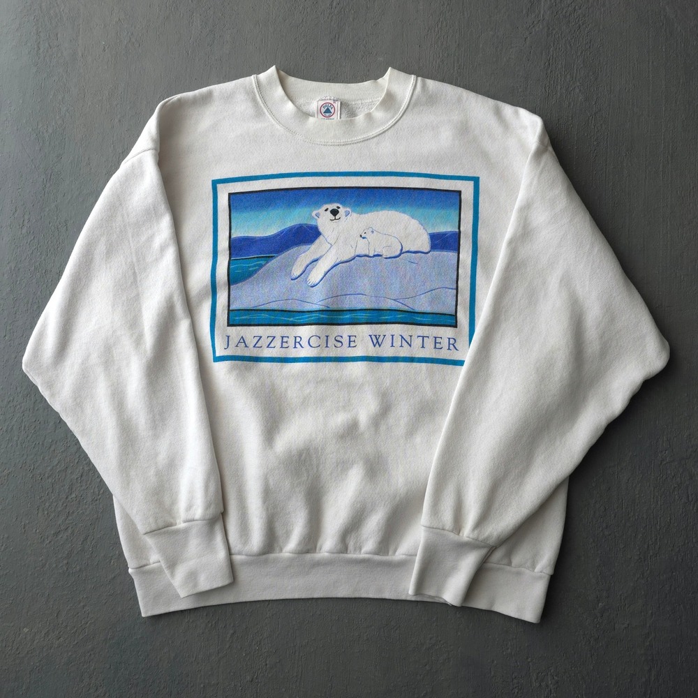 Vintage 90s Delta White Jazzercise Winter Polar Bear Sweatshirt XL Graphic